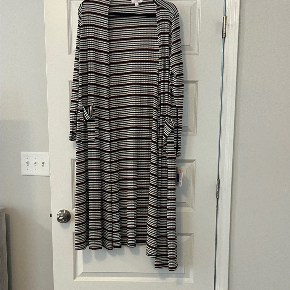 LuLaRoe Black,White, Gray, and Crimson Striped Cardigan